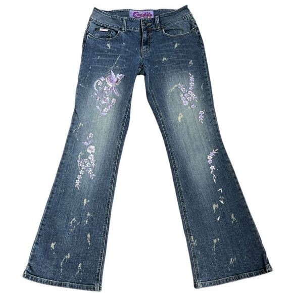 CANDIE’S Vintage Y2K 90’s Floral Embroidery Bell Bottoms Blue jeans Size 7/28 - Picture 1 of 10
